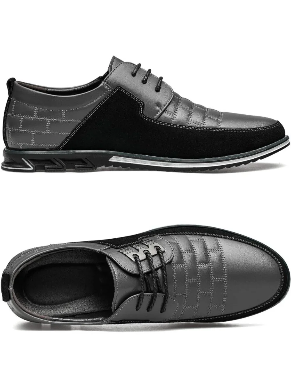 Men's Grey Plaid Embossed Grid Leather Comfortable Hybrid Oxford Dress Sneakers
